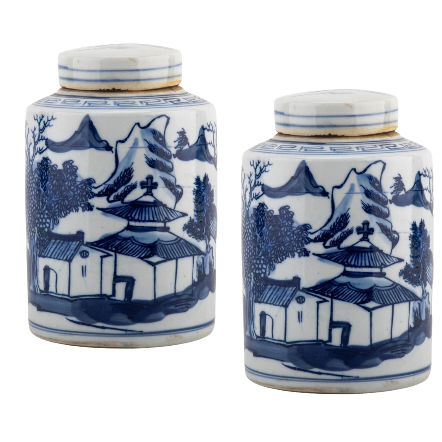 NEW - Blue & White Pagoda, Hand Painted Tea Caddy, 7" Tall