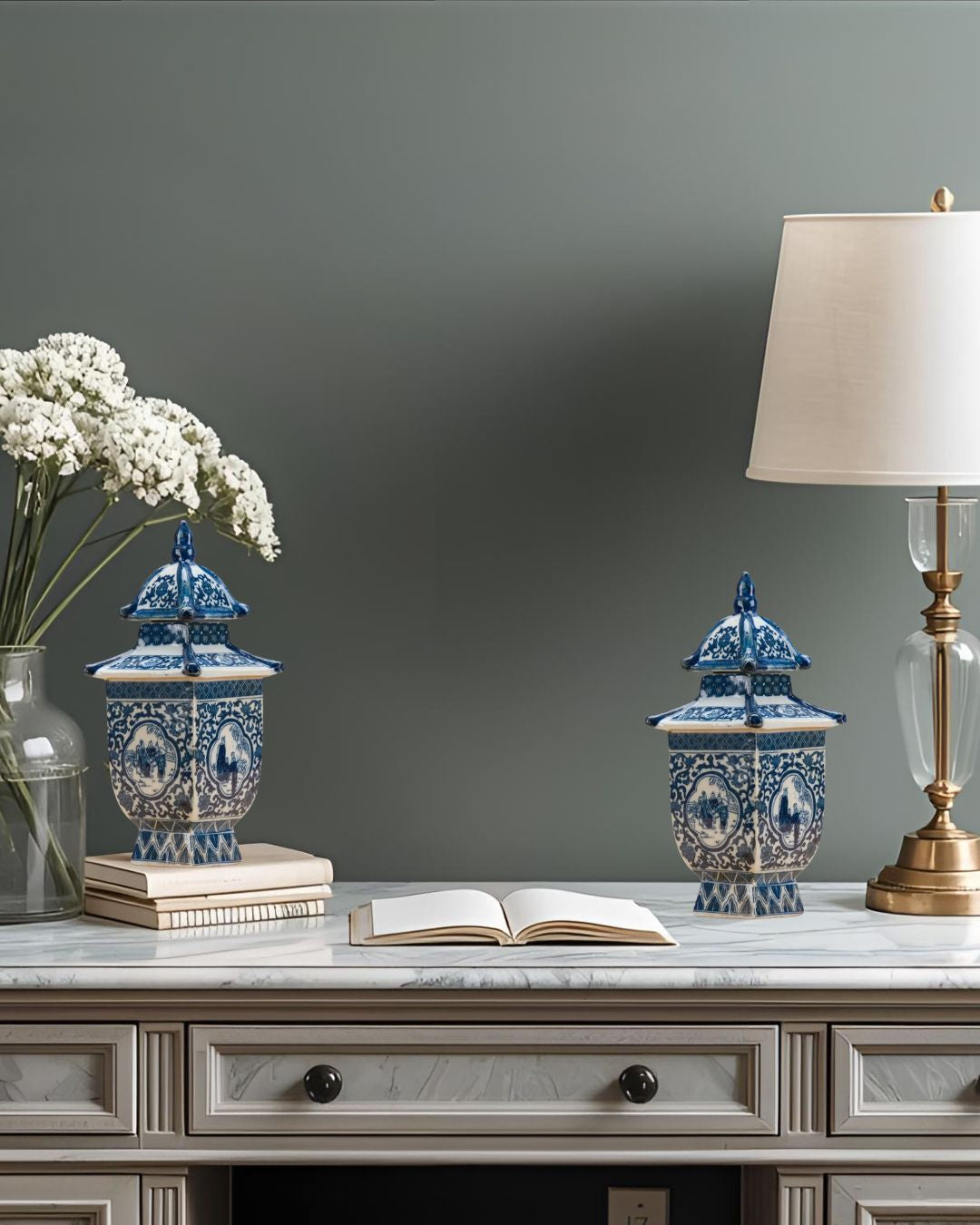 Danny's Fine Porcelain: Petite Blue & White Pagoda Lidded Jar – Courtyard Scene, 8” Tall