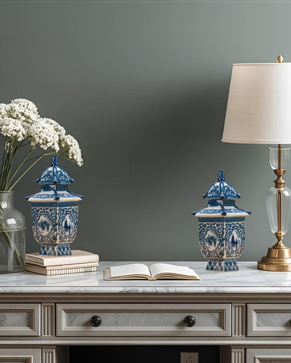 Danny's Fine Porcelain: Petite Blue & White Pagoda Lidded Jar – Courtyard Scene, 8” Tall