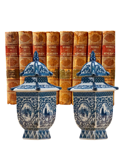 Danny's Fine Porcelain: Petite Blue & White Pagoda Lidded Jar – Courtyard Scene, 8” Tall