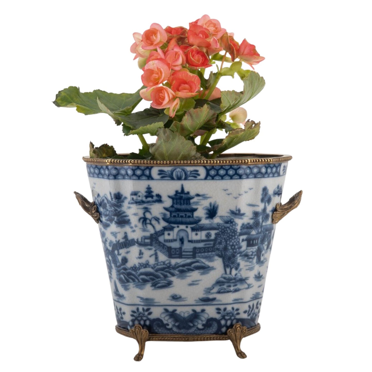 NEW - Blue & White Porcelain Planter W/ Bronze Footings & Details, 7.5" Tall