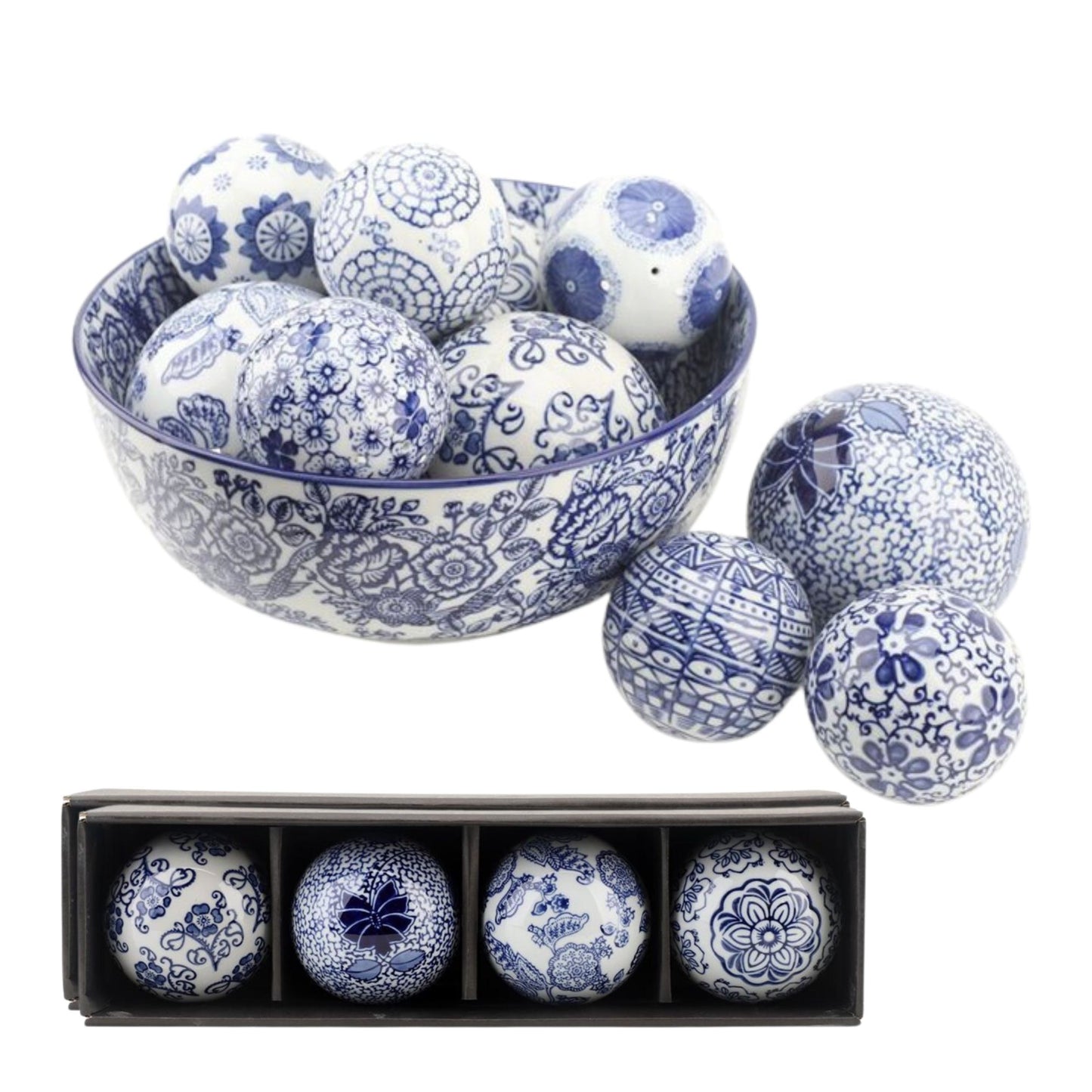 NEW Blue & White Porcelain Carpet Ball Set (4) 4.25" Wide
