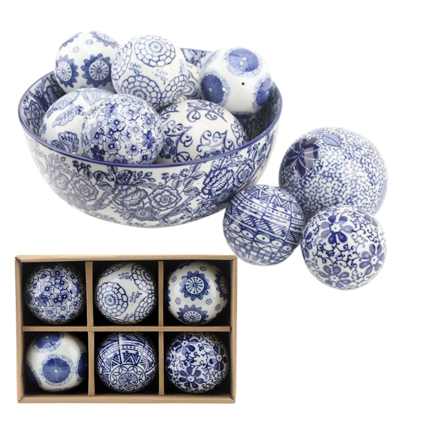 NEW Blue & White Porcelain Carpet Ball Set (6) 3" Wide