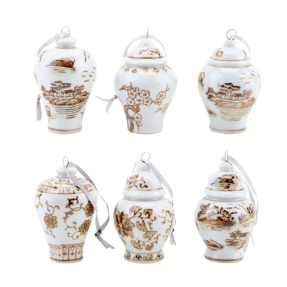 Danny’s Fine Porcelain (6) Beige & White Porcelain Ginger Jar Ornament Set, 2.5" Tall
