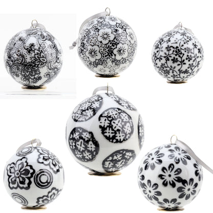 Danny’s Fine Porcelain - Set (6) Black & White Chinoiserie Porcelain Ornaments, 2.5" Wide