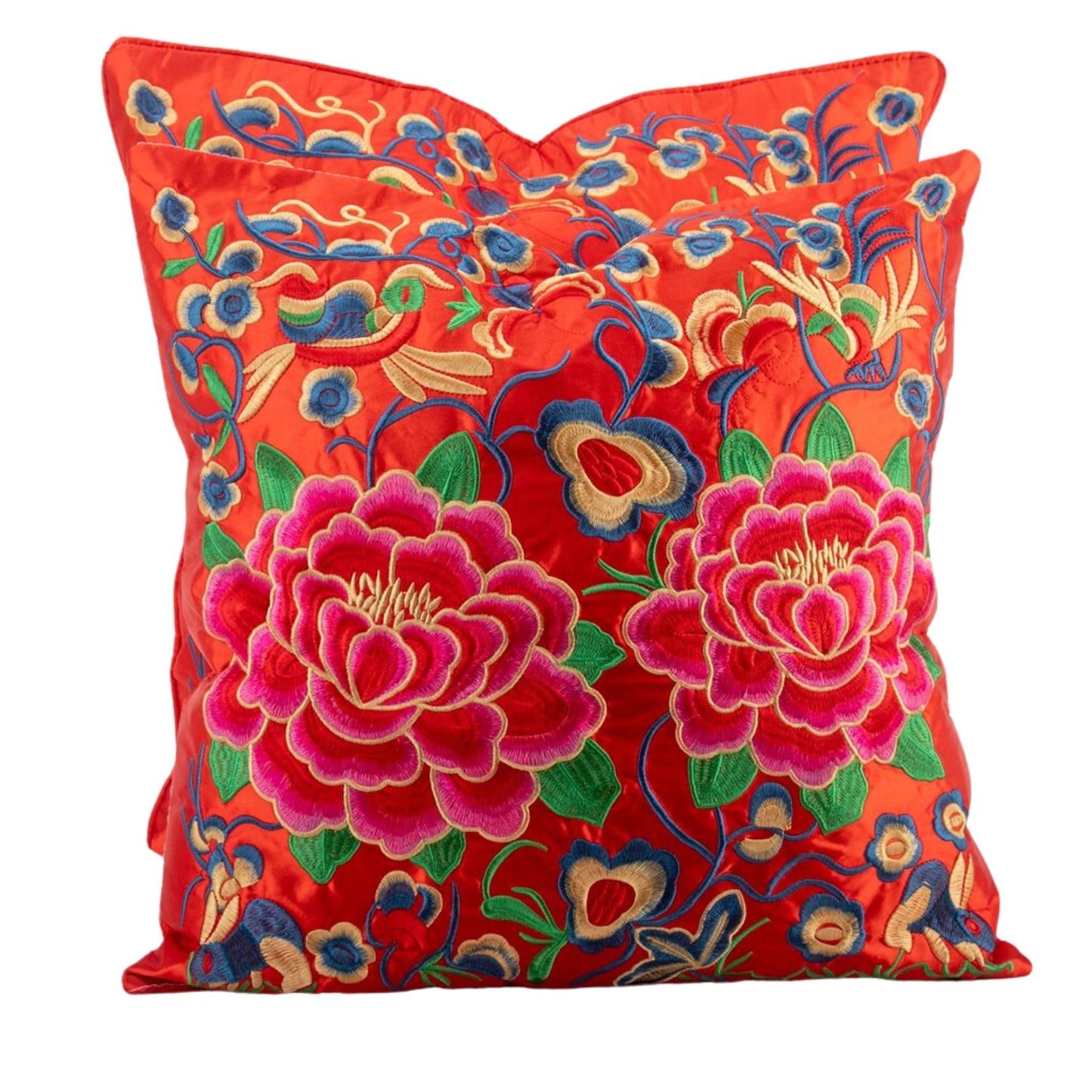 NEW - Pink & Orange, 20x20" Silk Peony Floral, Embroidered Pillow W/ Insert