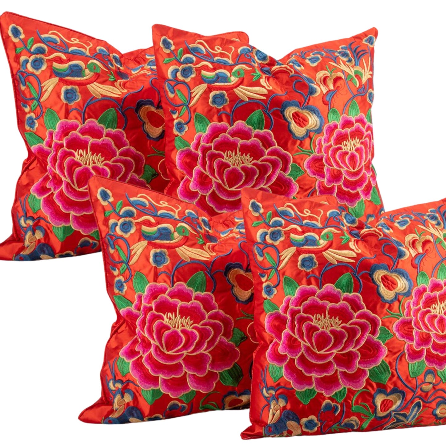 NEW - Pink & Orange, 20x20" Silk Peony Floral, Embroidered Pillow W/ Insert