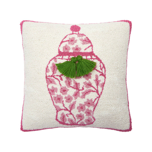 Chinoiserie Vase with Tassels Wool Hooked Pillow | 16” x 16” Accent Pillow