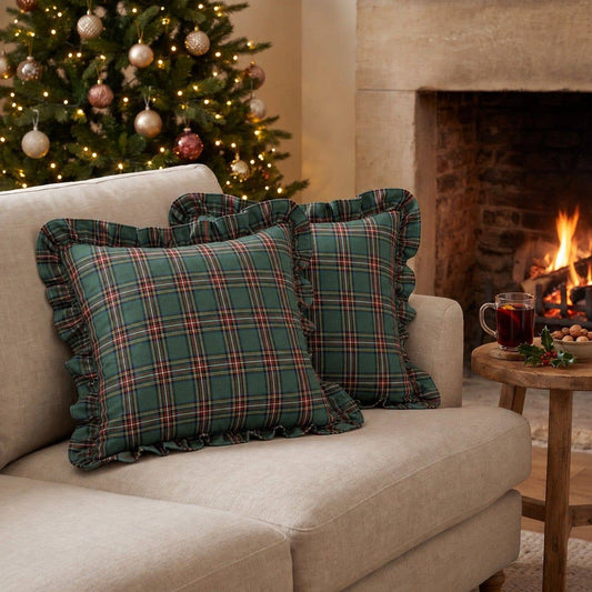 Green Plaid Christmas Plaid Ruffle Throw Pillow W/ Down Insert | 18 x 18"