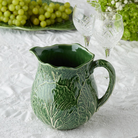 Green Cabbage Majolica Stoneware Pitcher | Sculpted Leaf Handle & Scalloped Spout
