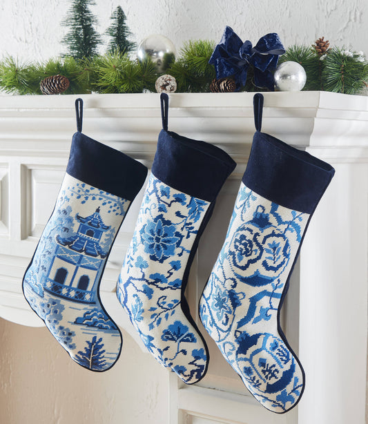 Blue & White Chinoiserie Pagoda Embroidered Needlepoint Style Christmas Stocking | 11" x 18"