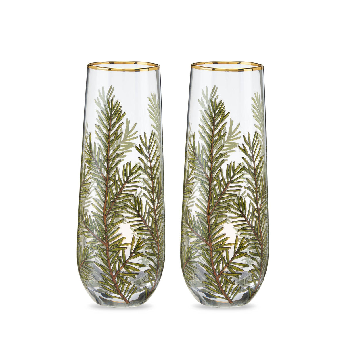 Woodland Evergreen Champagne Glasses with Gold Rim | Set of 2