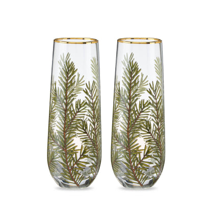 Woodland Evergreen Champagne Glasses with Gold Rim | Set of 2