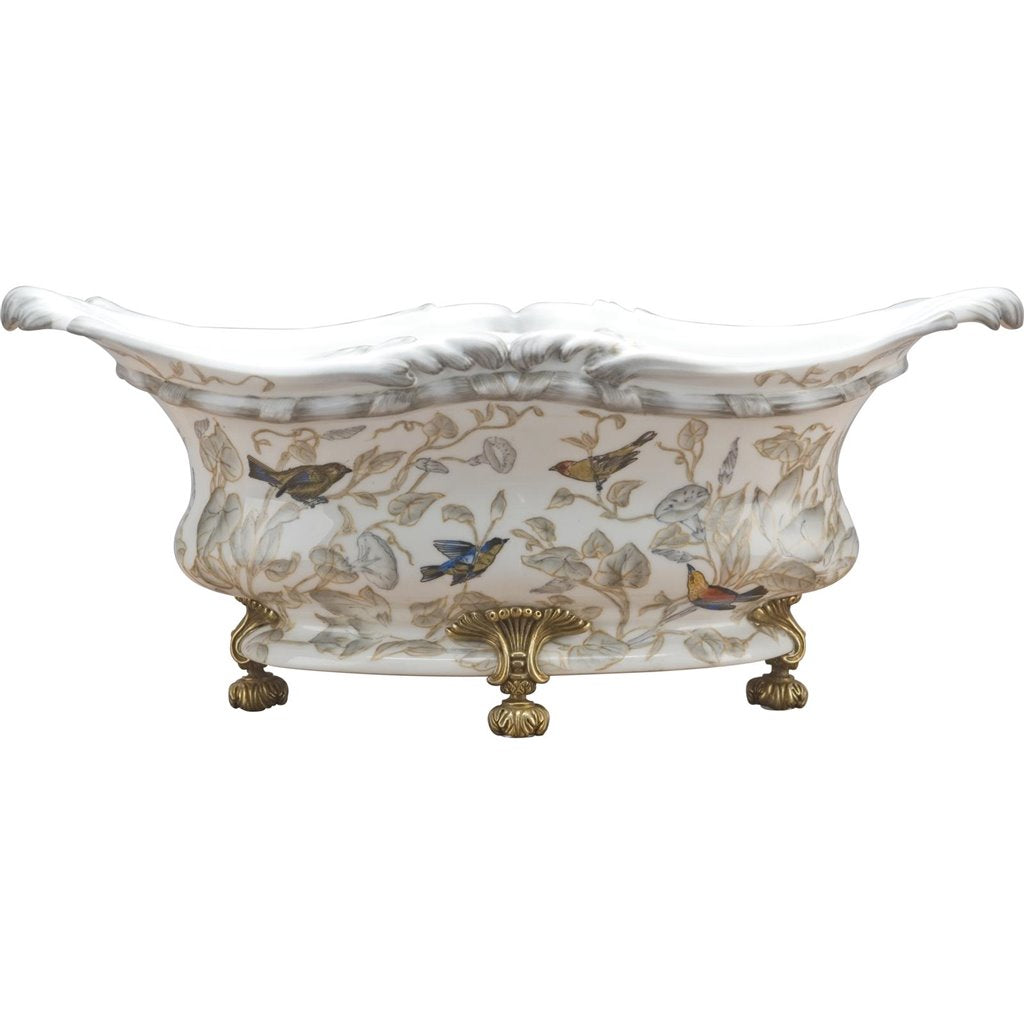 Danny’s Fine Porcelain: Porcelain Floral & Bird Scalloped Basin with Bronze Ormolu | 18” L x 8” W x 7” H