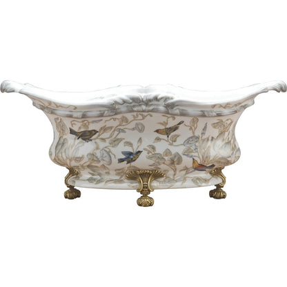 Danny’s Fine Porcelain: Porcelain Floral & Bird Scalloped Basin with Bronze Ormolu | 18” L x 8” W x 7” H
