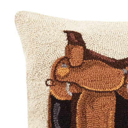 Equestrian Bag Hook Hand-Hooked Wool Accent Pillow with Velvet Backing | 18” Square