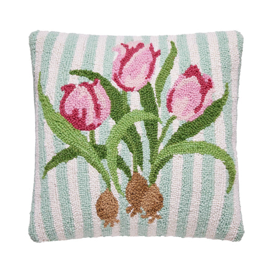 Pink Tulip Wool Hooked Pillow | 16” x 16” Accent Pillow