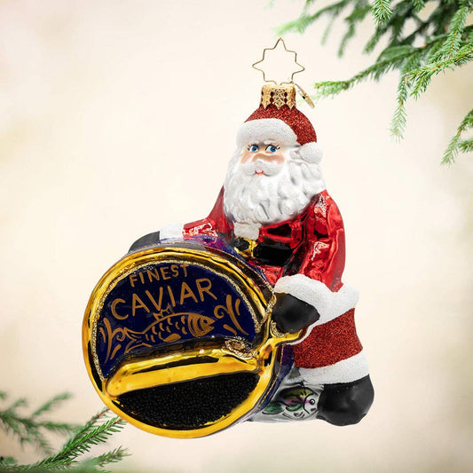 Christopher Radko Tinsel, Tin & Caviar Glass Christmas Ornament – Gourmet Santa with Caviar Tin & Fresh Catch