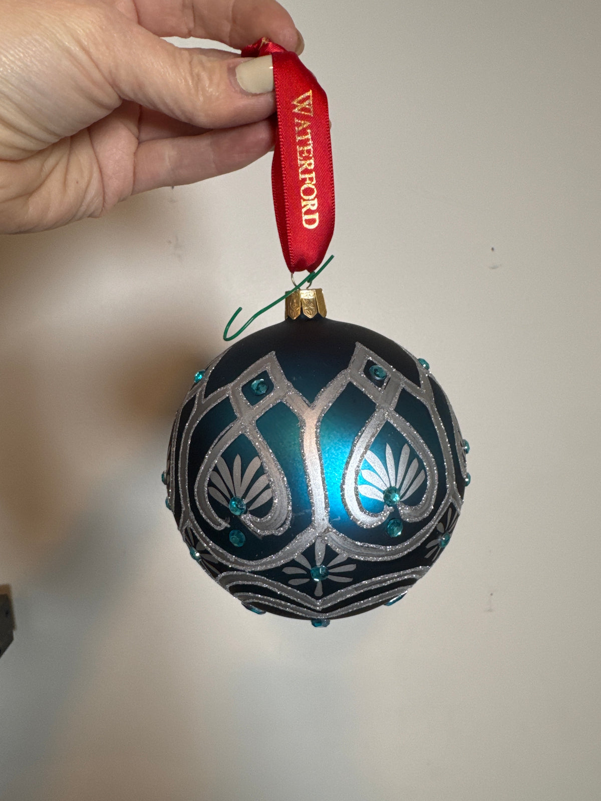 Waterford Holiday Heirlooms Navy Regal Ball Ornament Teal Silver Jeweled w/ Box