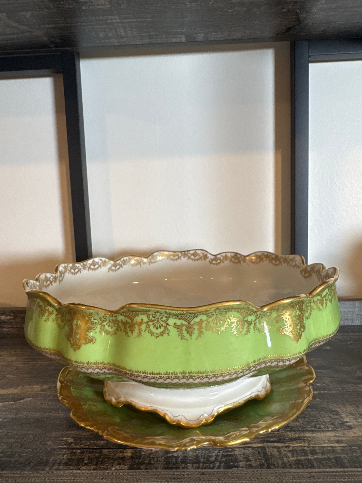 Reserved Haviland Limoges Green & Gold Footed Bowl with Coordinating Plate