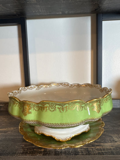 Reserved Haviland Limoges Green & Gold Footed Bowl with Coordinating Plate