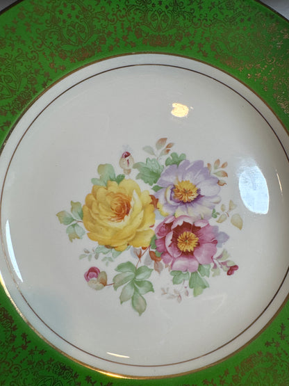 Homer Laughlin 11” Green & Gold Floral Plate – Warranted 22 Carat Gold
