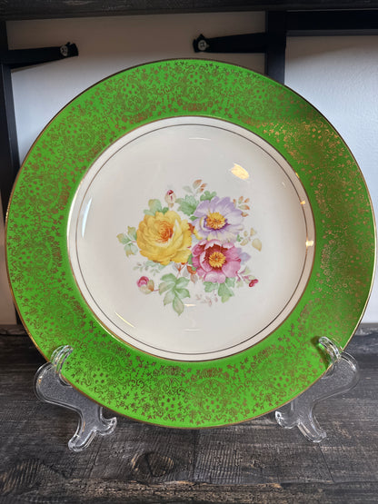 Homer Laughlin 11” Green & Gold Floral Plate – Warranted 22 Carat Gold