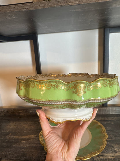Reserved Haviland Limoges Green & Gold Footed Bowl with Coordinating Plate