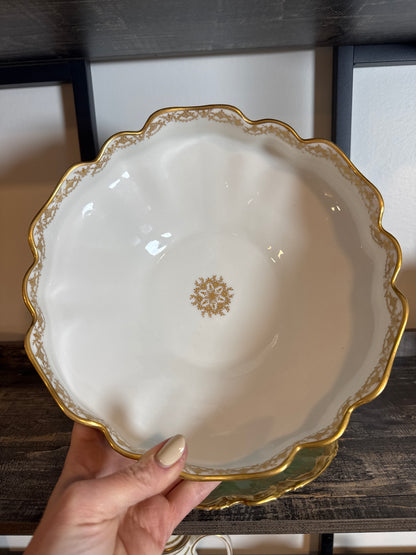 Reserved Haviland Limoges Green & Gold Footed Bowl with Coordinating Plate