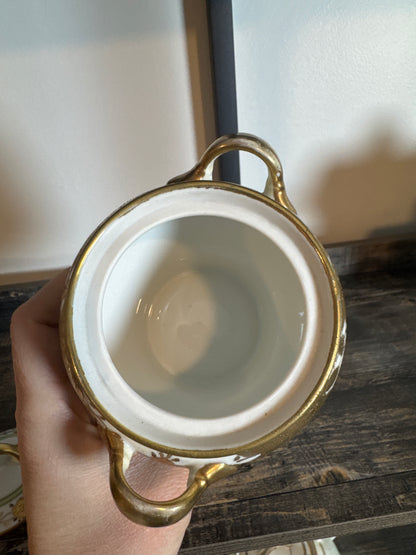 Nippon Porcelain Covered Sugar Bowl – Green & Gold Florals
