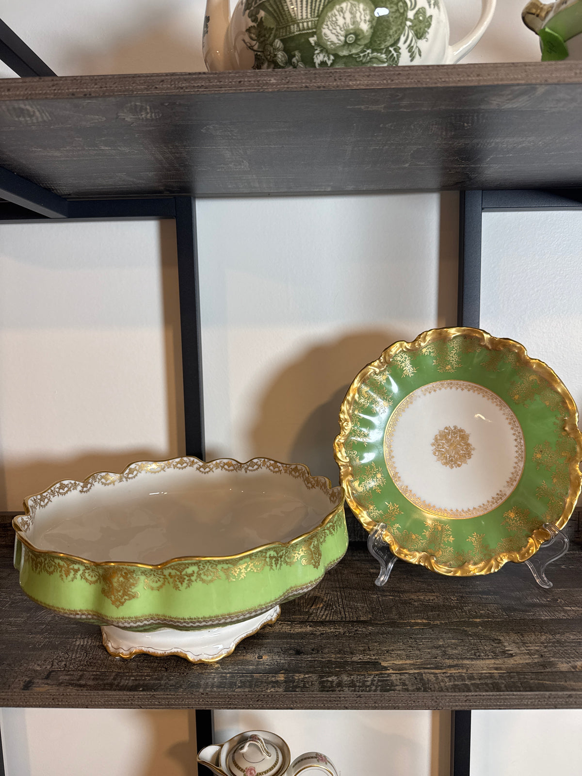 Reserved Haviland Limoges Green & Gold Footed Bowl with Coordinating Plate