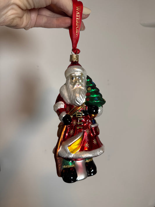 Waterford Santa Holding Christmas Tree Glass Ornament Red Gold Glitter w/ Box