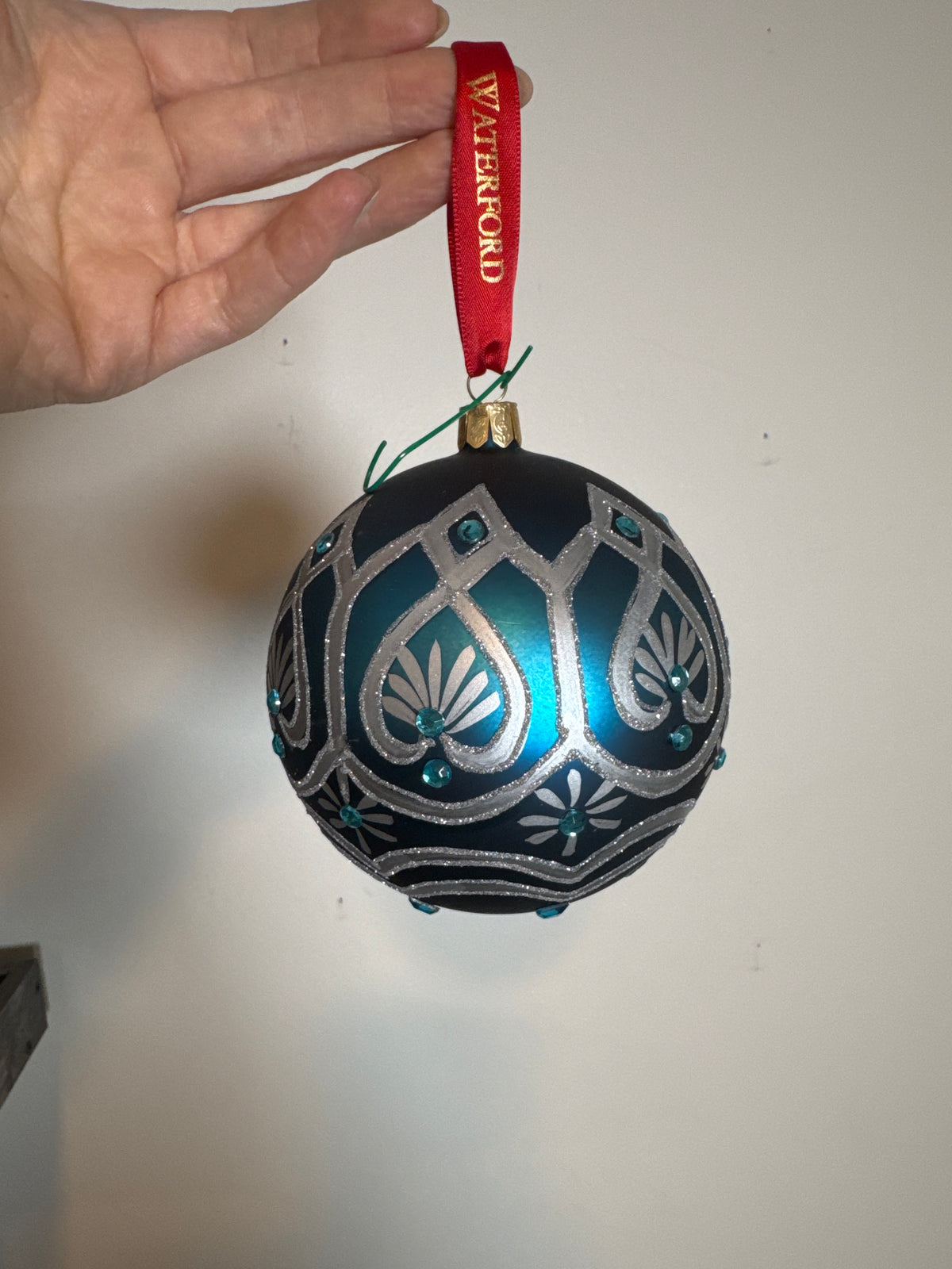 Waterford Holiday Heirlooms Navy Regal Ball Ornament Teal Silver Jeweled w/ Box