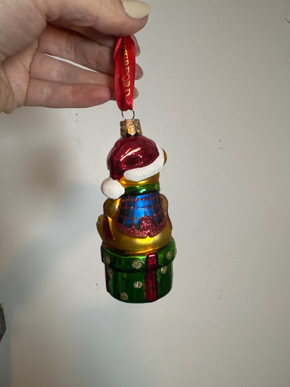 Waterford Holiday Heirlooms Teddy Bear on Gift Box Glass Christmas Ornament