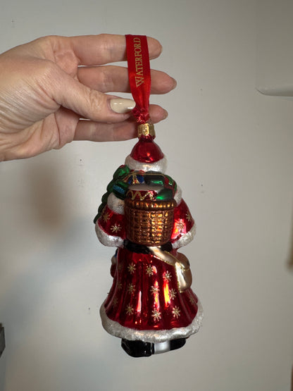 Waterford Santa Holding Christmas Tree Glass Ornament Red Gold Glitter w/ Box