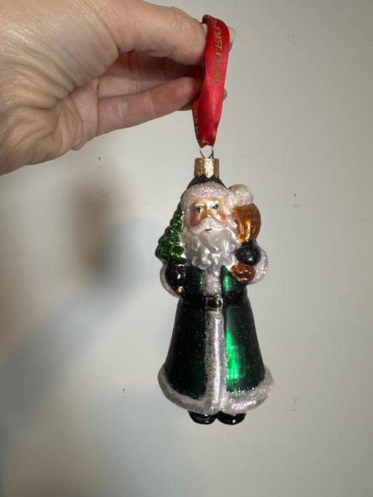 Waterford Green Coat Santa Glass Christmas Ornament with Tree & Gold Goblet