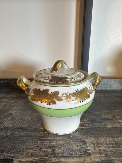 Nippon Porcelain Covered Sugar Bowl – Green & Gold Florals