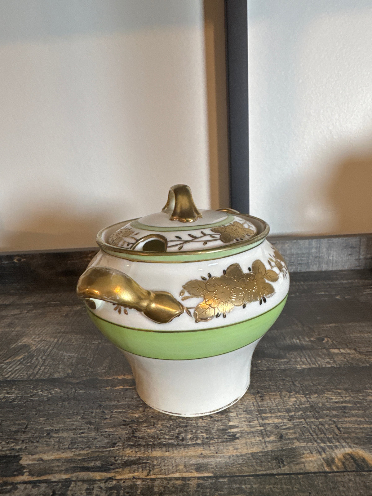 Nippon Porcelain Covered Sugar Bowl – Green & Gold Florals