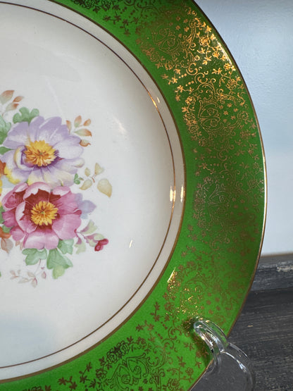 Homer Laughlin 11” Green & Gold Floral Plate – Warranted 22 Carat Gold