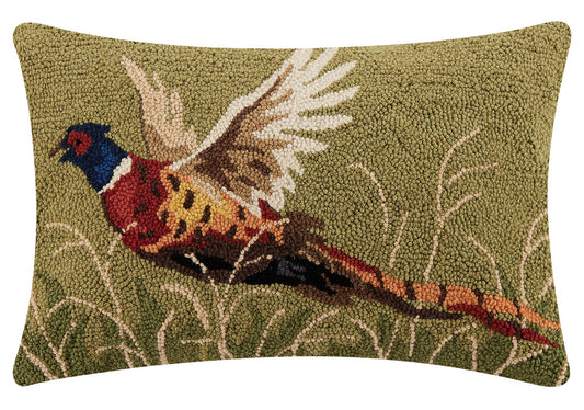 Pheasant Wool Hook Throw Pillow | Velvet Back Accent Pillow | 14" x 22"