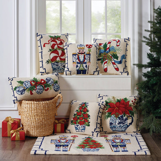 Blue & White Chinoiserie Ornaments Wool Hook Pillow | 12" x 22"
