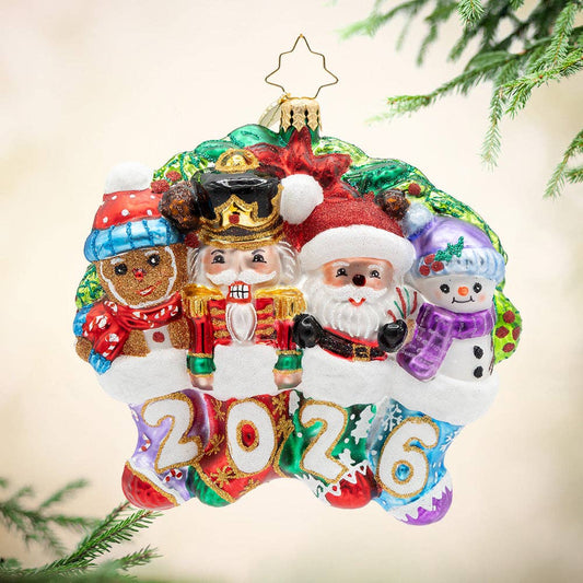 Christopher Radko Celebrate 2026 "Together for the holidays" Stockings Glass Christmas Ornament – Santa, Snowman, Nutcracker & Gingerbread Design