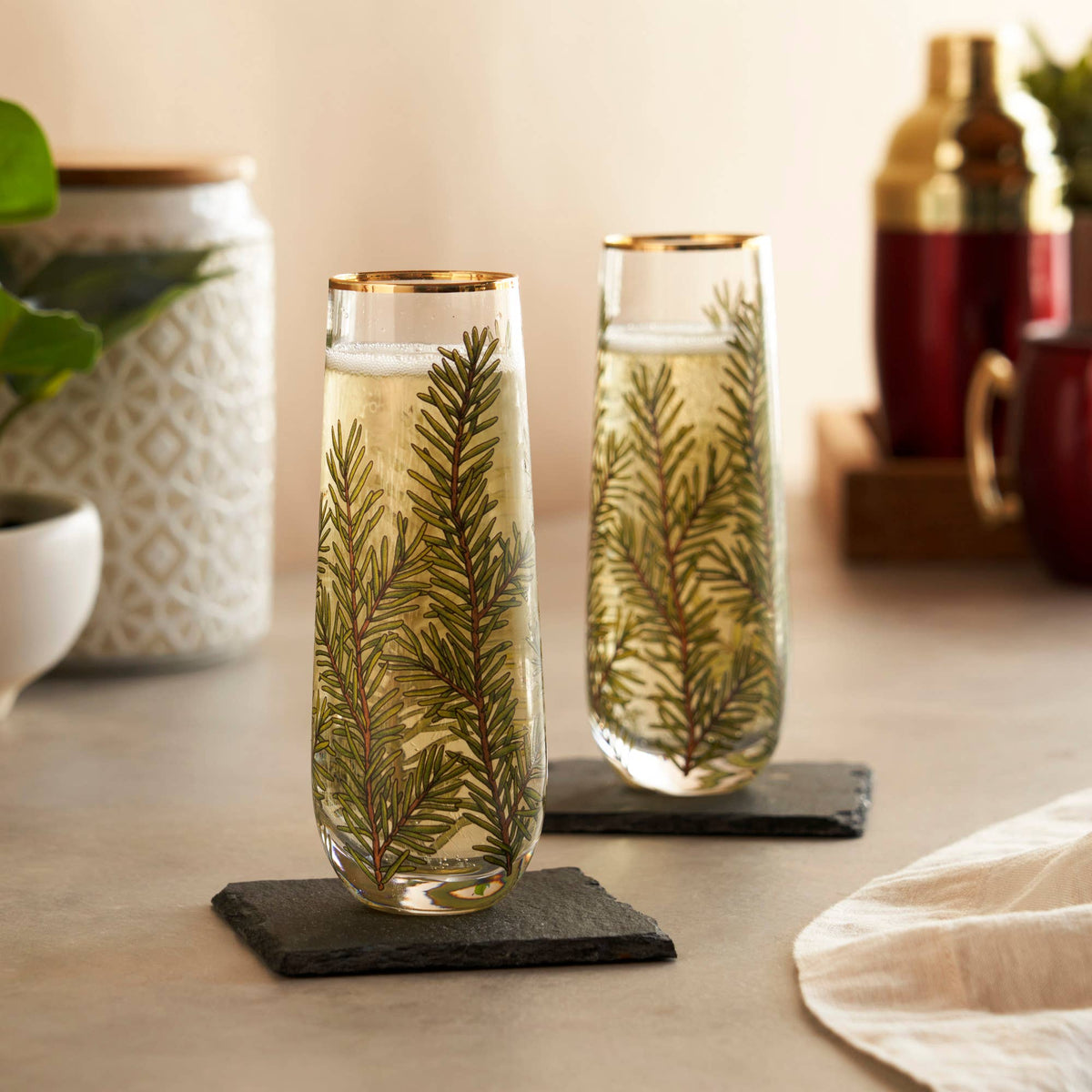 Woodland Evergreen Champagne Glasses with Gold Rim | Set of 2