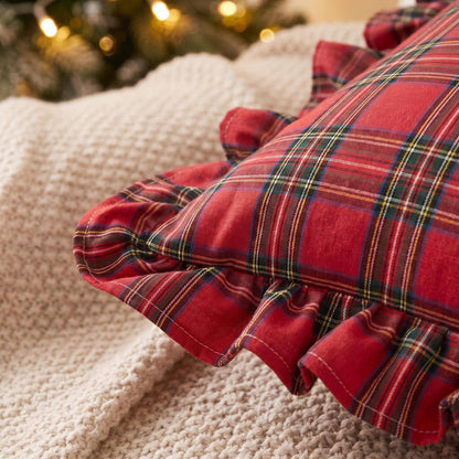 Red Plaid Christmas Plaid Ruffle Throw Pillow W/ Down Insert | 18 x 18"