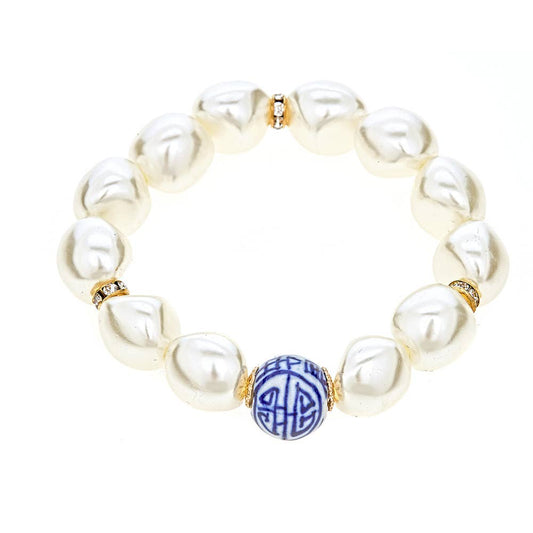 Blue & White W/Pearl Bead Stretch Bracelet – Classic Blue and White Statement Bracelet