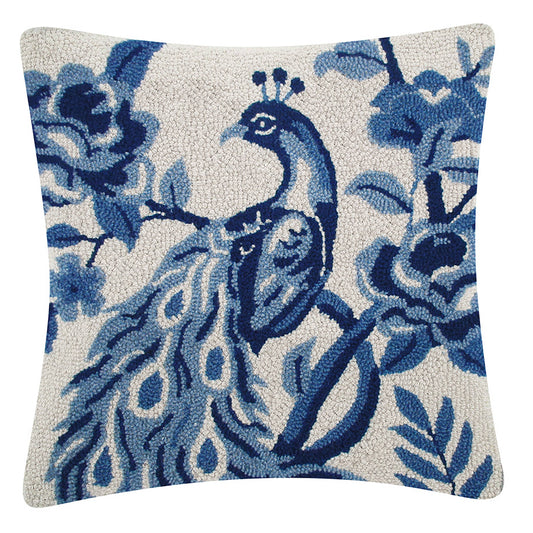 Chinoiserie Peacock Hook Pillow, Chinoiserie Peacock Wool Hooked Pillow | 18” x 18” Accent Pillow