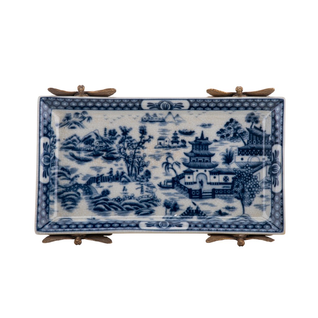 Danny's Fine Porcelain - Blue & White Willow, Bronze Dragonfly Footed Tray 10x7” | #14251