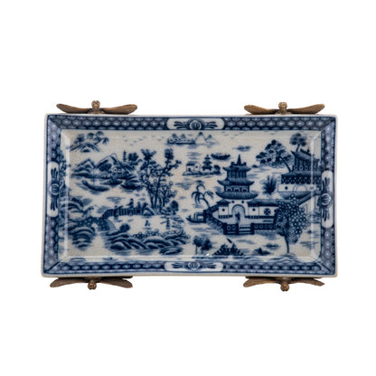 Danny's Fine Porcelain - Blue & White Willow, Bronze Dragonfly Footed Tray 10x7” | #14251