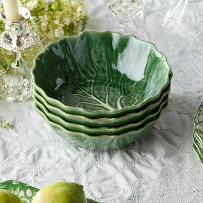 Cabbage Leaf Soup Bowl | Green & White Ceramic |  8.5in x 2.75in | 40 oz