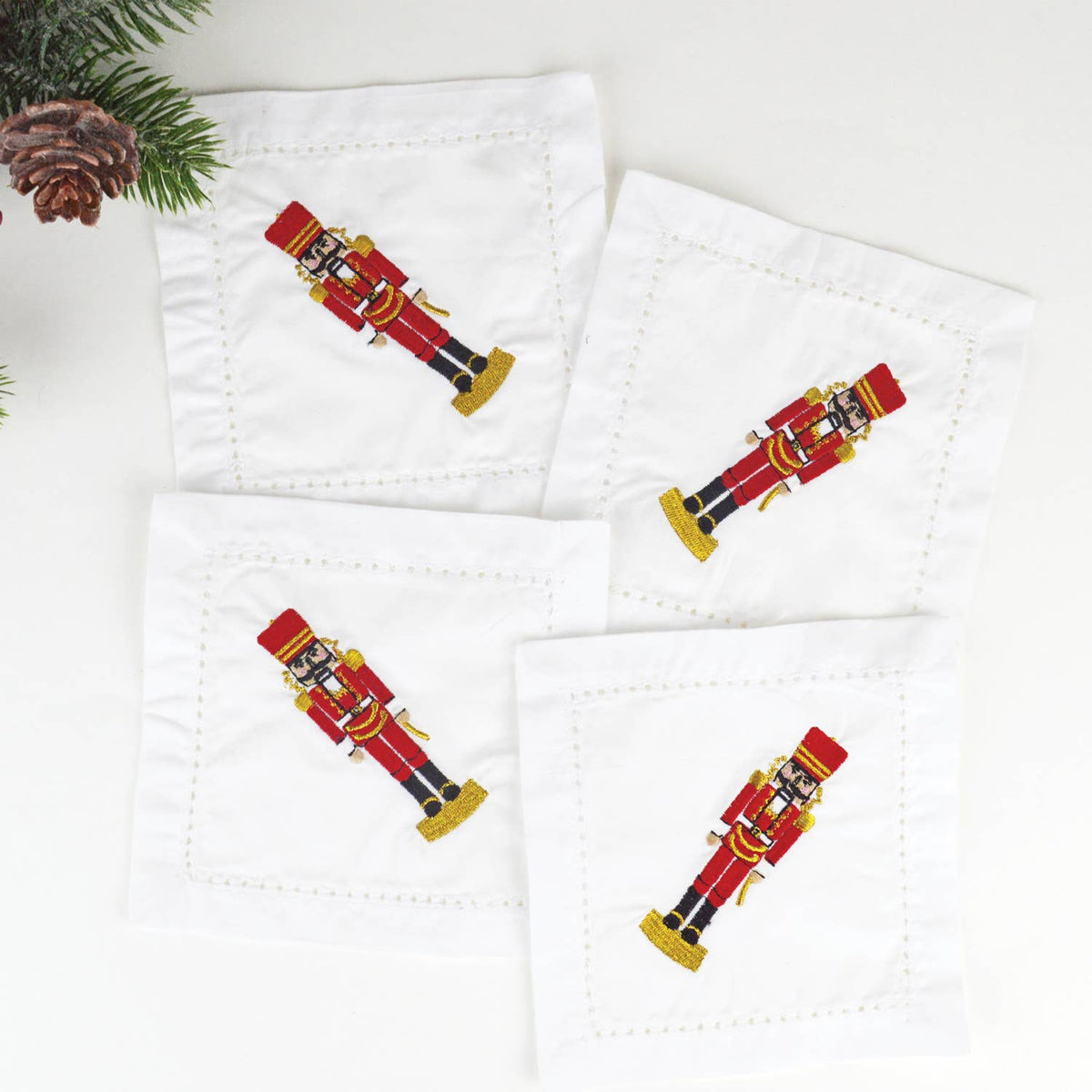 Embroidered Nutcracker Cocktail Napkins – Boxed Set of 4 | 100% Cotton Holiday Napkins